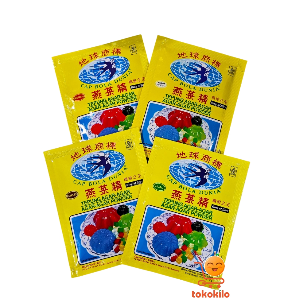 Tepung Agar-Agar Cap Bola Dunia Warna Coklat, Hijau, Merah dan Putih 7gr